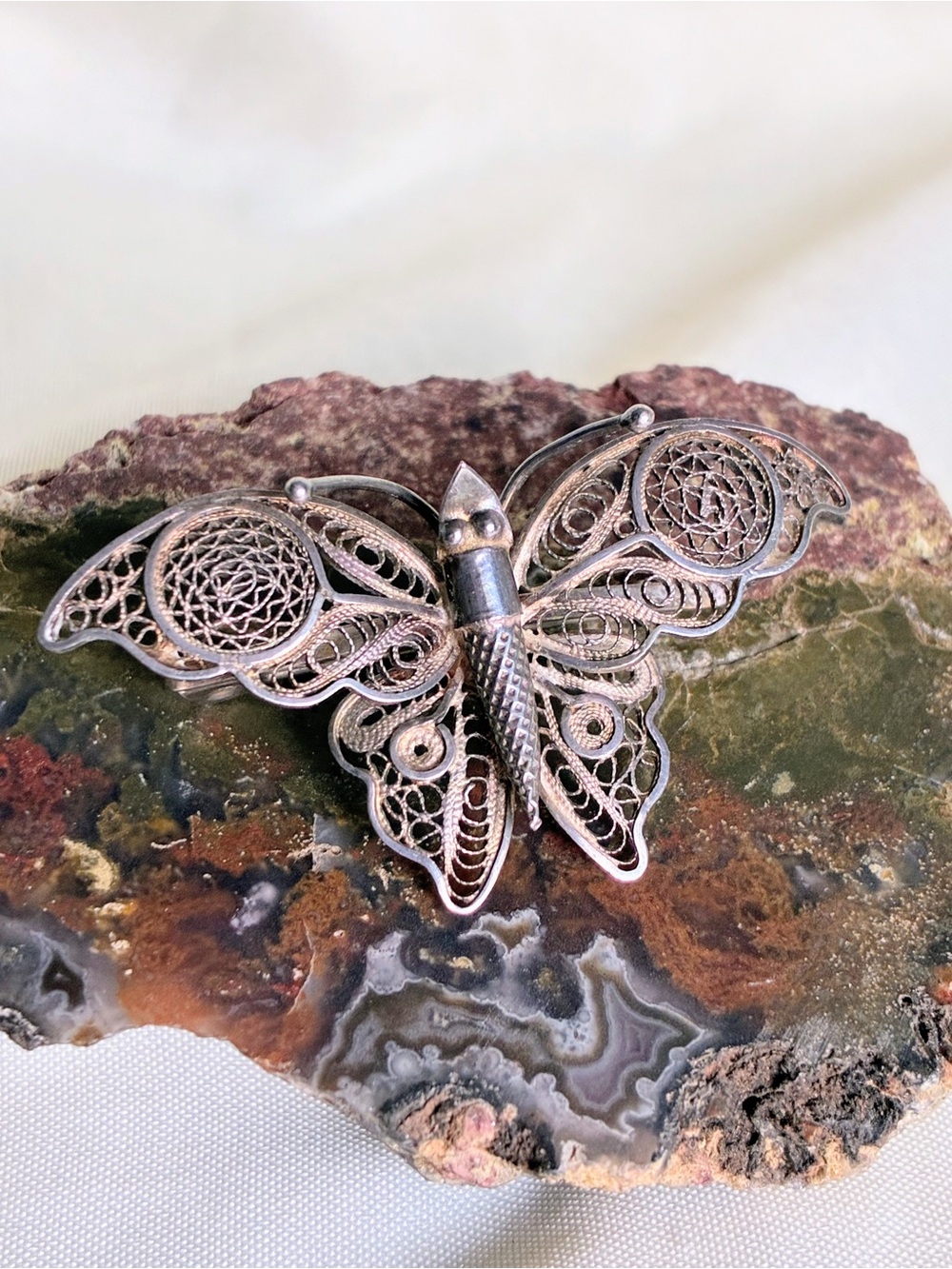 Vintage Sterling Silver Brooch Filigree Butterfly C-clasp